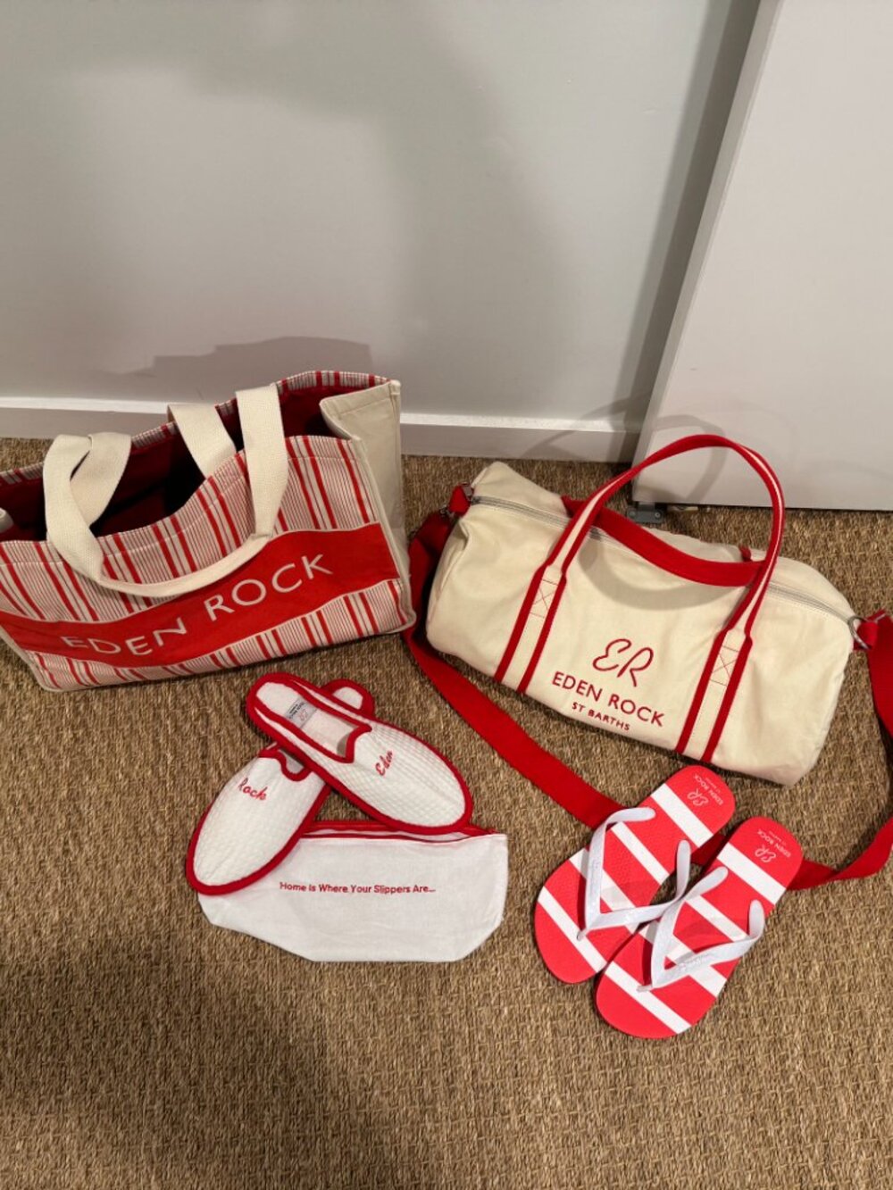 NEW!! EDEN ROCK ST BARTHS CANVAS LARGE TOTE, BARREL BAG, SLIPPERS, SLIDES